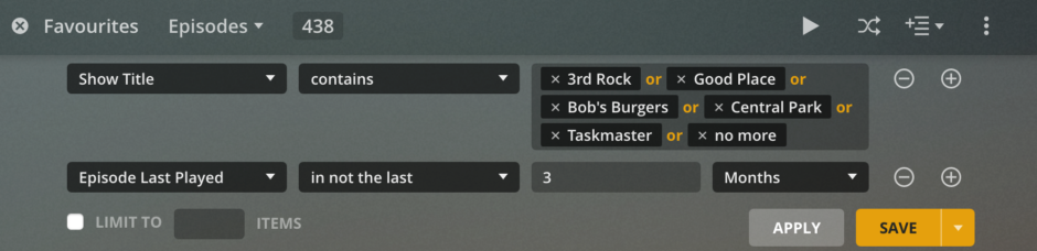 Plex screenshot of a smart playlist logic. Show title contains "3rd Rock" or "Good Place" or "Bob's Burgers" or "Central Park" or "Taskmaster" or "No More" and Episode last played is not in the last 3 months.