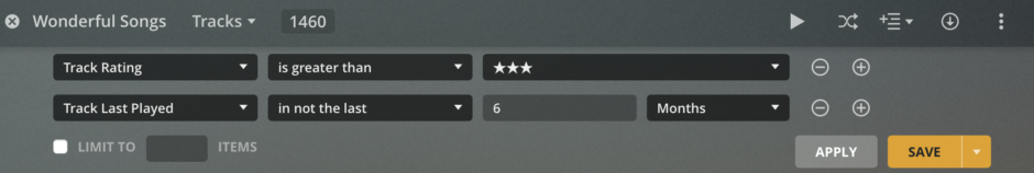 Plex screenshot where Track Rating is greater than 3 stars and track last played is not the last 6 months.